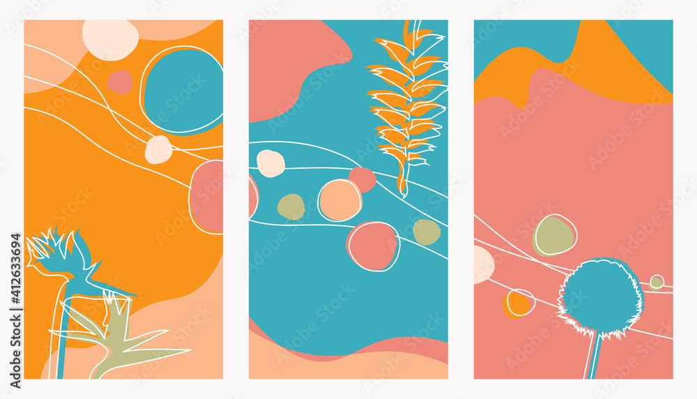 Set of three bright colorful creative templates. Organic shapes: flowers strelitzia, dandelion, branch with leaves. Trendy contemporary design for prints,banners,brochures,social media post.
