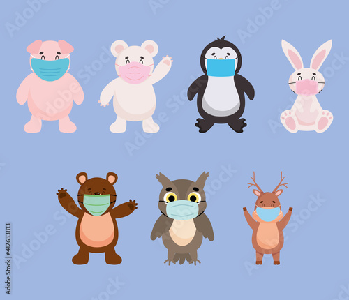 cute animals with face masks icon set, colorful design