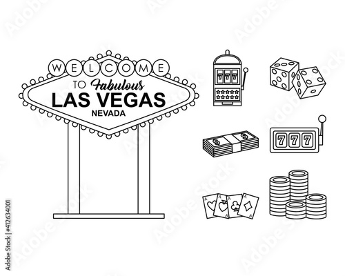 las vegas billboard and casino icon set, line style