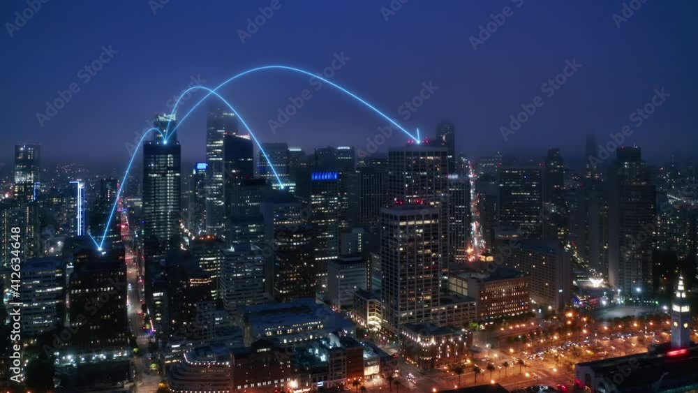 Aerial view of San Francisco skyline at night with digital network connection lines. Smart city lights with digital transformation of information. Information Arches forming global network, 4k footage