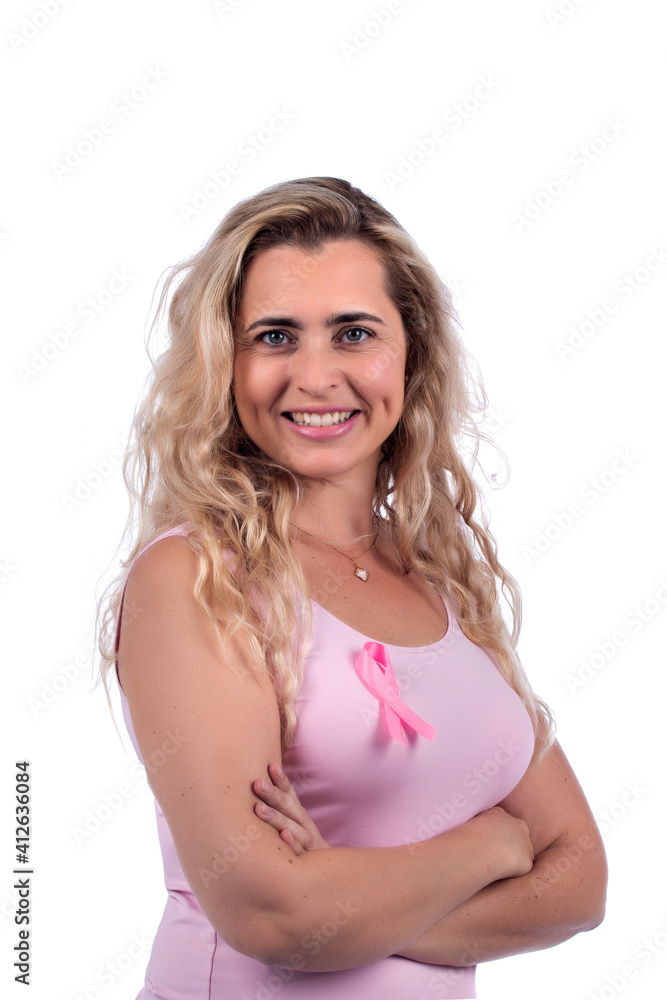Caucasian girl holding breast cancer ribbon Caucasian girl holding breast cancer ribbon