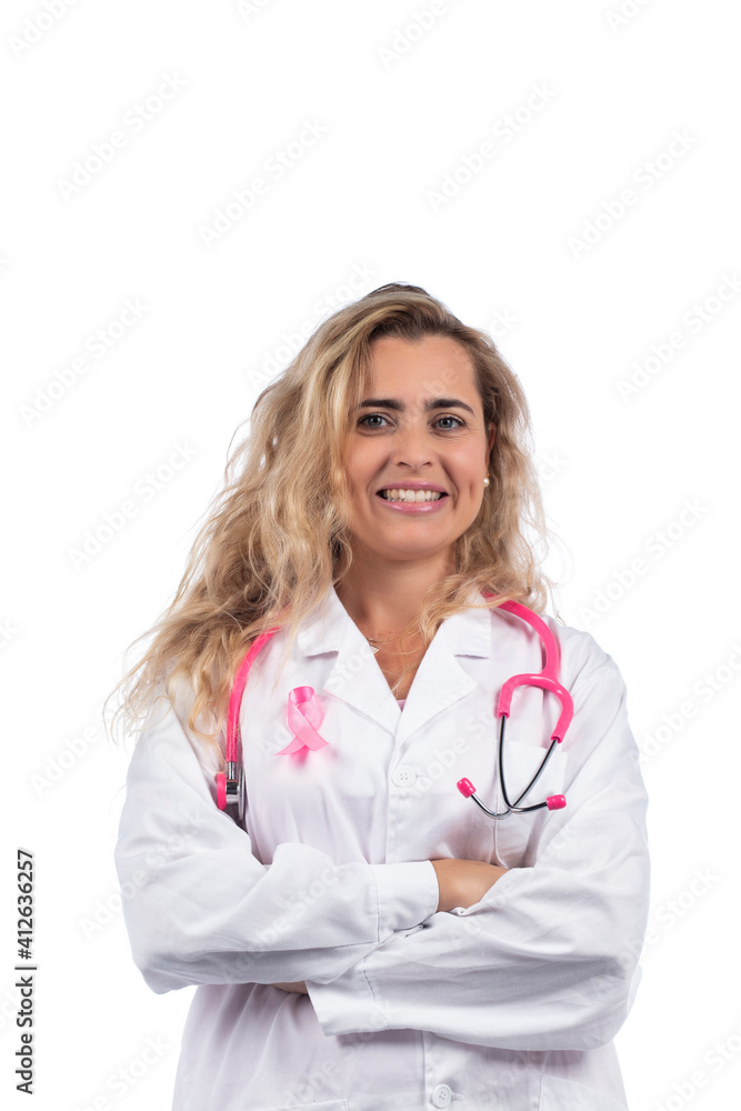 Caucasian doctor woman with pink stethoscope and ribbon