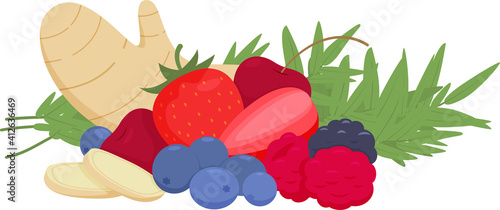 Fruits, berries and spicy herbs on a white background