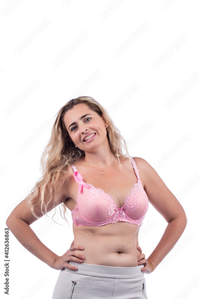 Fototapeta premium Caucasian girl with breast cancer ribbon