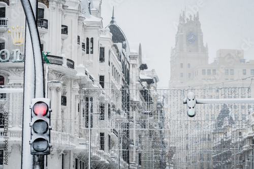 Cityscape of the streets of Madrid during The Snow Storm 