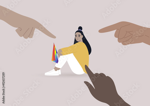 Fingers pointing at an lgbtq person, homophobia problem, cruel intolerant society