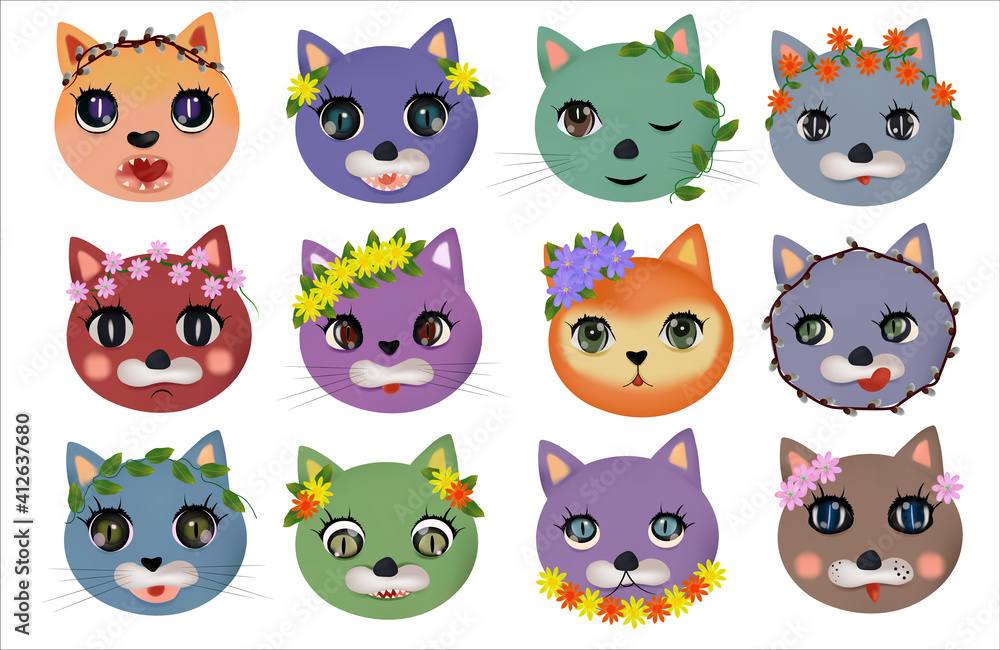 Funny cute cats faces with different emotions with Spring flower. Colorful cats happy, sad, crazy, cheerful. Cat characters. Vector illustration