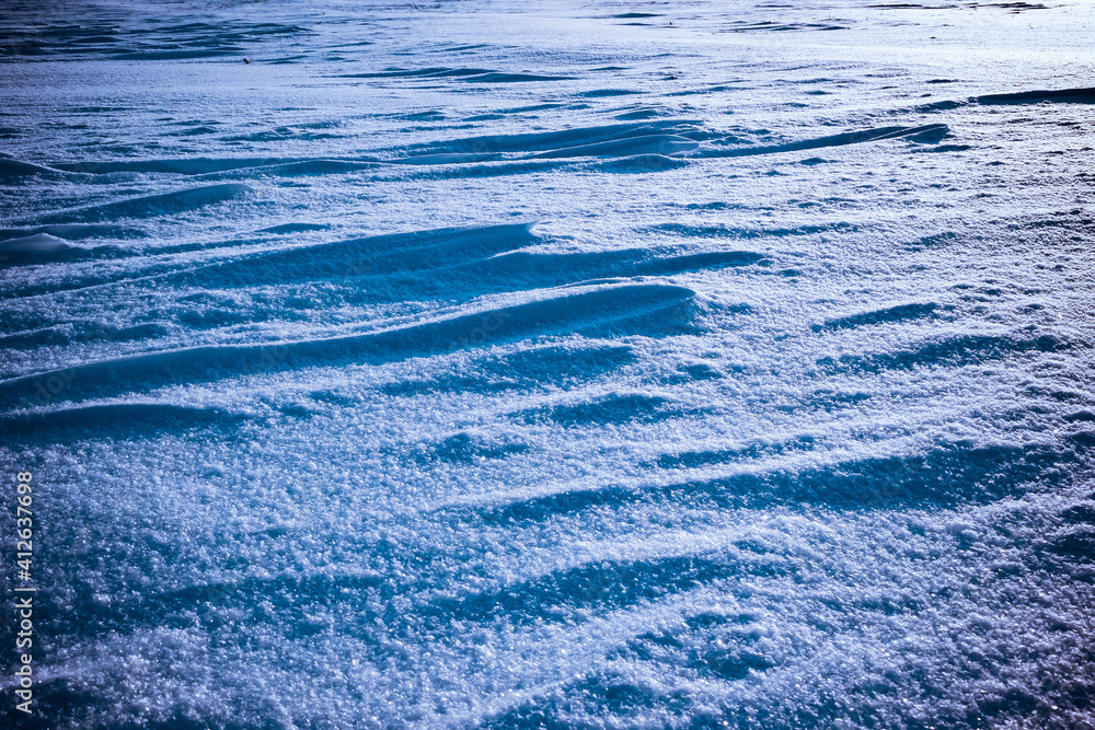 A field covered with snow in the rays of the setting sun