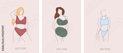  Vector set of women in line art style with abstract shapes