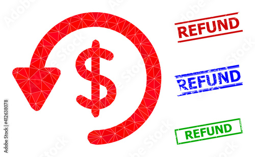 Triangle refund polygonal icon illustration, and rough simple Refund watermarks. Refund icon is filled with triangles. Simple watermarks uses lines, rects in red, blue, green colors.