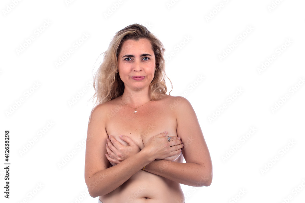 Naklejka premium woman covering breasts with hands