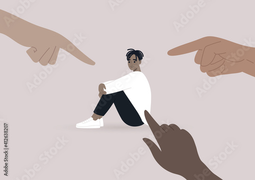 Victim blaming, cyberbullying, and other forms of public judgement, a young male Black character surrounded by pointing fingers