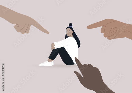 Victim blaming, cyberbullying, and other forms of public judgement, a young female Asian character surrounded by pointing fingers