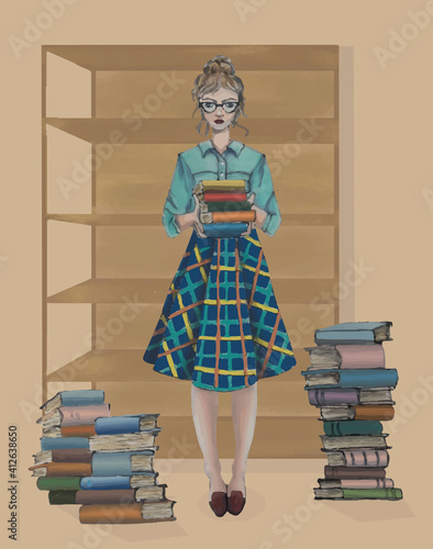 Girl holds books in her hands. Hand-drawn illustration of girl wearing glasses wearing plaid skirt and turquoise shirt, with books in hands.