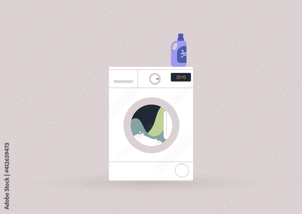 Household chores concept, a washing machine loaded with colorful clothes
