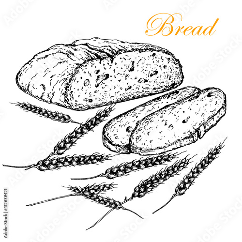 Half a loaf of bread with two slices cut off. Ears of wheat. Sketch. Black and white illustration. Isolated. On a white background. Bakery, bakery,packaging design.