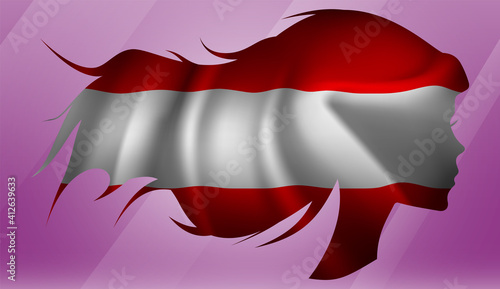 Vector beautiful woman portrait silhouette with long flowing hair in national flag of Austria on pink background