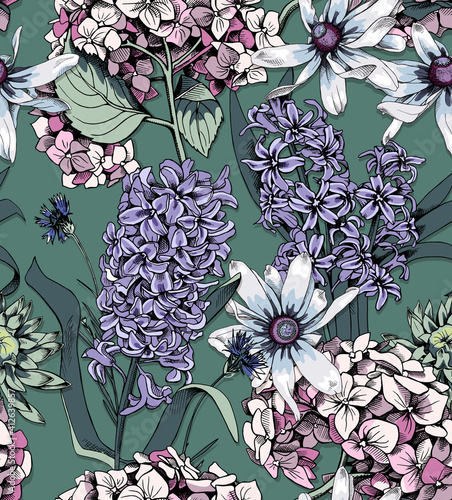 Seamless floral pattern. Hydrangea,  Hyacinth, Lily, wildflowers flowers and leaves. Textile composition, hand drawn style print. Vector illustration.
