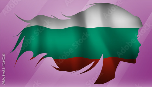 Vector beautiful woman portrait silhouette with long flowing hair in national flag of Bulgaria on pink background