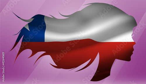Vector beautiful woman portrait silhouette with long flowing hair in national flag of Chile on pink background