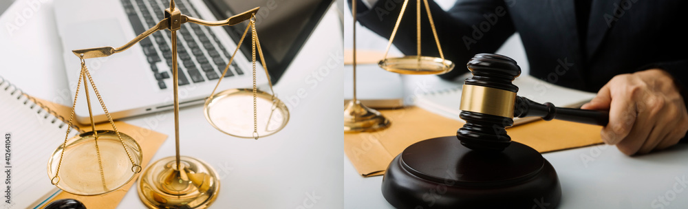 Business and lawyers discussing contract papers with brass scale on desk in office. Law, legal services, advice, justice and law concept picture with film grain effect Business and lawyers discussing contract papers with brass scale on desk in office. Law, legal services, advice, justice and law concept picture with film grain effect