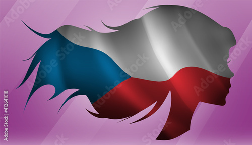 Vector beautiful woman portrait silhouette with long flowing hair in national flag of Czech Republic on pink background