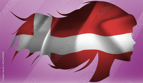 Vector beautiful woman portrait silhouette with long flowing hair in national flag of Denmark on pink background photo