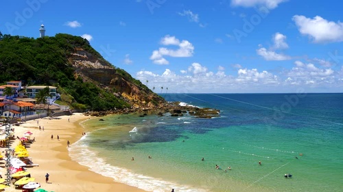 Beautiful Panoramic view of Morro de Sao Paulo Primeira Praia with lighthouse, zipline and beautiful turquoise water. Bahia, Brazil