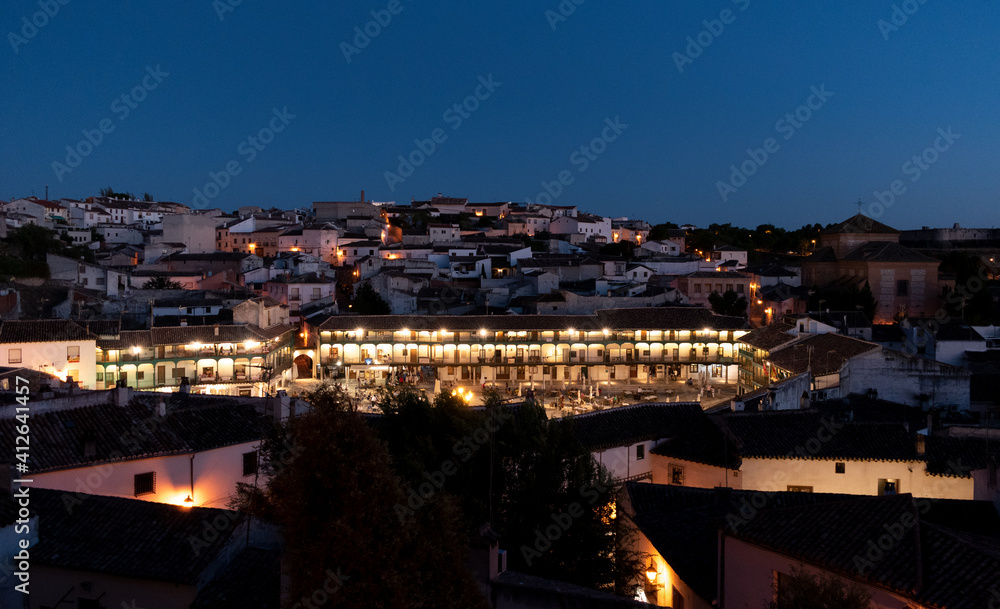 view of plaza de chinchon, madrid, spain at night medieval town