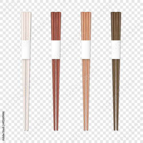 Vector 3d Realistic Wooden Chopsticks Set Closeup Isolated. Design Template of Food Sticks, Asian Bamboo Utensils, Traditional Japanese Culture Dinnerware, Mockup. Top, Front View