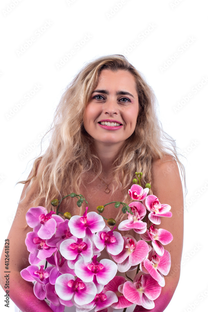 Young woman with pink hands and flowers Young woman with pink hands and flowers