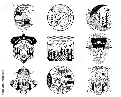 Camping adventure badge designs set. Outdoor crest logos with tents and trees. Travel silhouette labels isolated. Sacred geometry. Stock vector tattoo graphics emblem