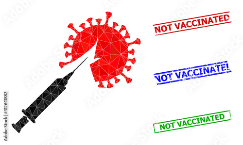 Triangle virus vaccine injection polygonal icon illustration, and rubber simple Not Vaccinated stamp prints. Virus Vaccine Injection icon is filled with triangles. Simple stamp seals uses lines,