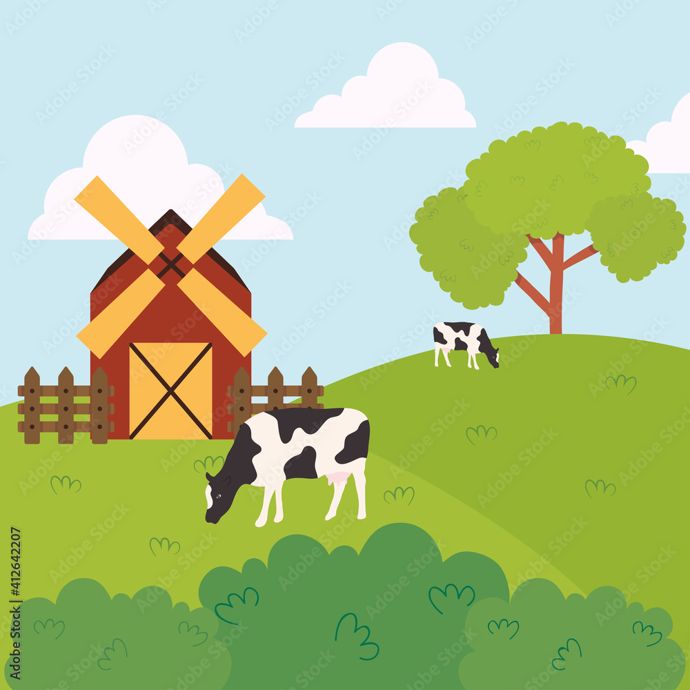 farm landscape with cow and barn, colorful design