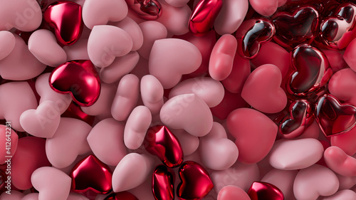 Multicolored Heart background. Valentine Wallpaper with Pink, Red Glass and Red Metallic love hearts. 3D Render 