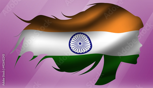 Vector beautiful woman portrait silhouette with long flowing hair in national flag of India on pink background