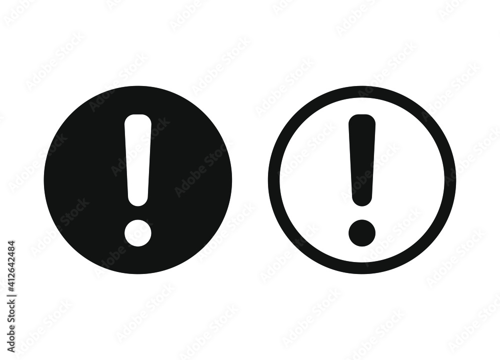 Exclamation mark vector icon. Warning and caution round sign. Danger and error logo symbol. Application and web interface button image. Clip-art silhouette.
