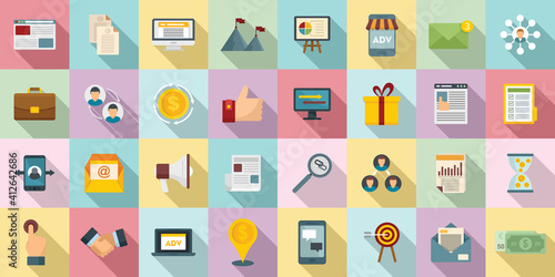 Affiliate marketing icons set. Flat set of affiliate marketing vector icons for web design