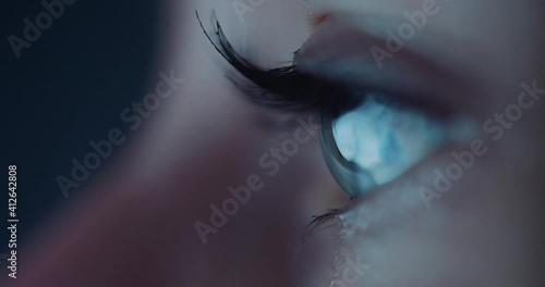 Watching television - macro close up of eyeball with reflection of screen