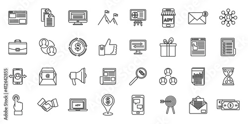 Affiliate marketing campaign icons set. Outline set of affiliate marketing campaign vector icons for web design isolated on white background