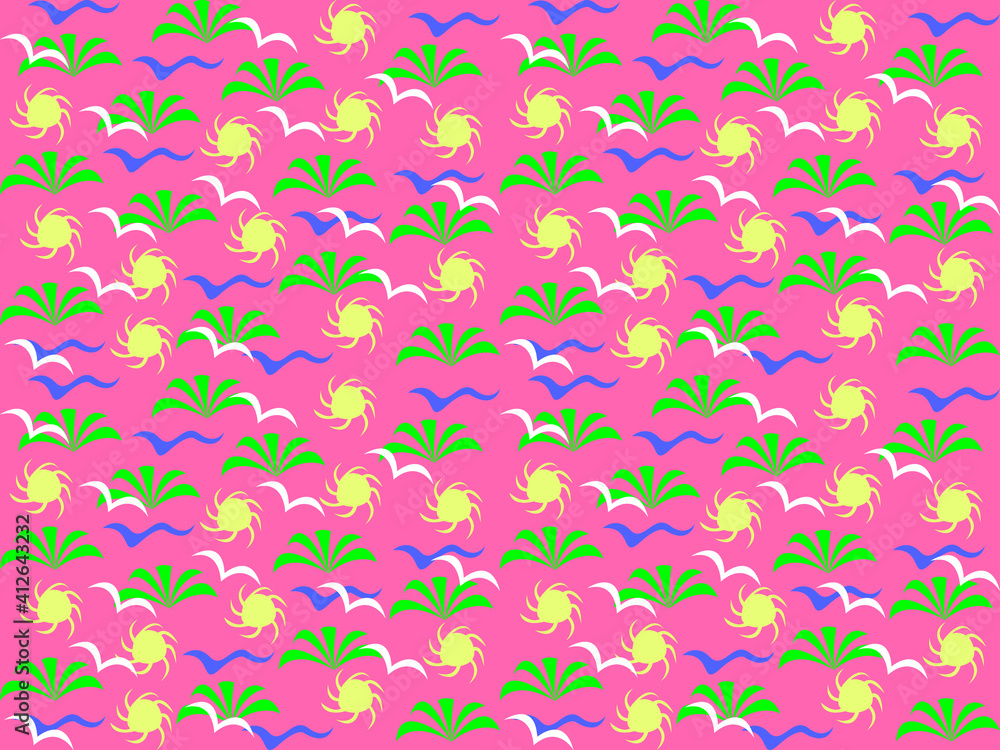 Vector graphics - a bright chaotic rhythmic pattern on a pink background with palm trees, seagulls, waves and the sun. The concept of a beach holiday in the tropics