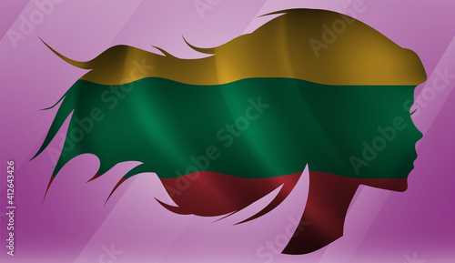 Vector beautiful woman portrait silhouette with long flowing hair in national flag of Lithuania on pink background