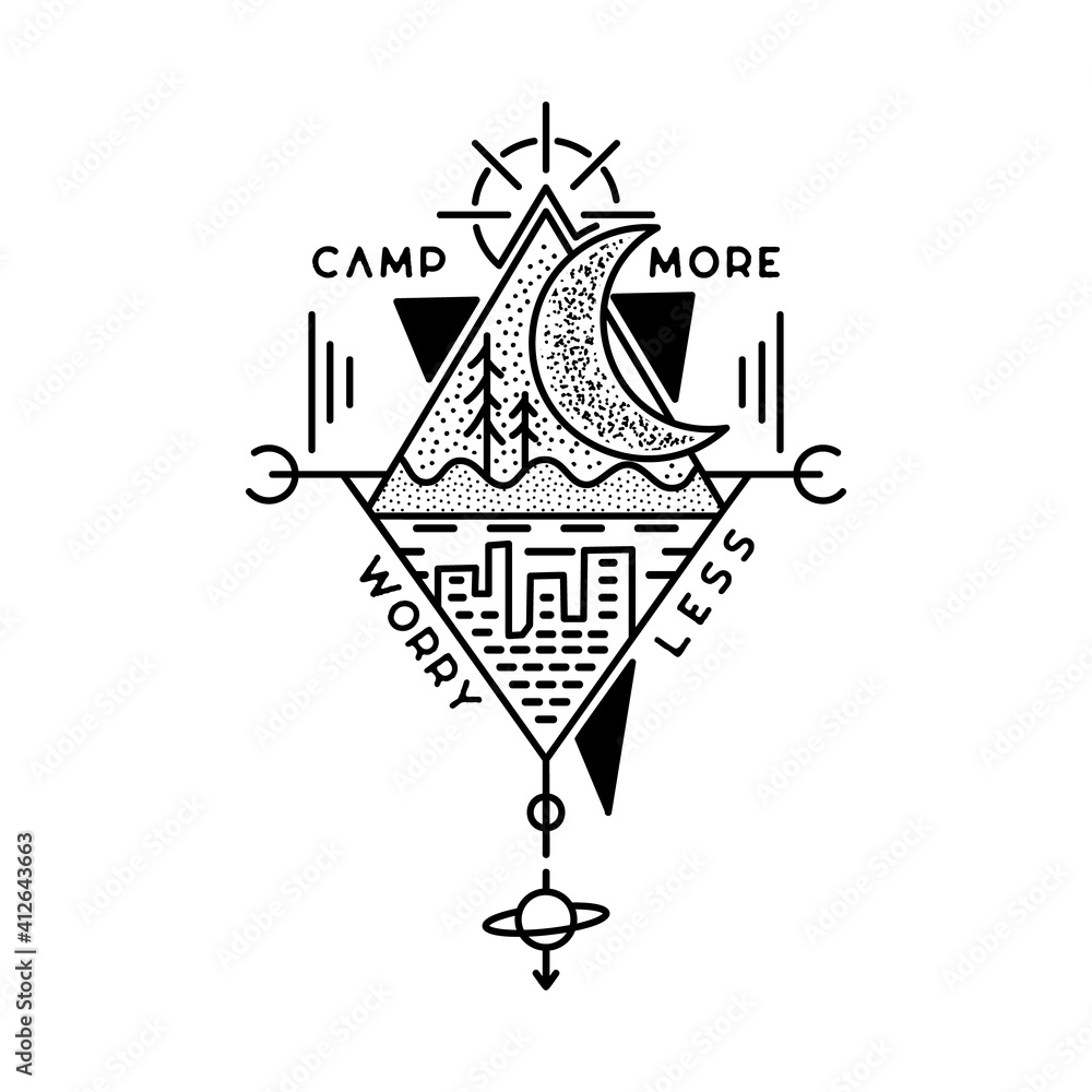 Camp more worry less badge design. Outdoor adventure crest logo with trees and city scene. Travel silhouette label isolated. Sacred geometry. Stock vector tattoo graphics emblem