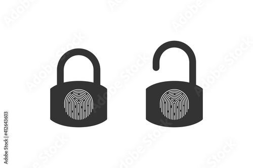 Fingerprint padlock icons. Fingerprint lock or unlock. Locked and unlocked modes. Vector illustration