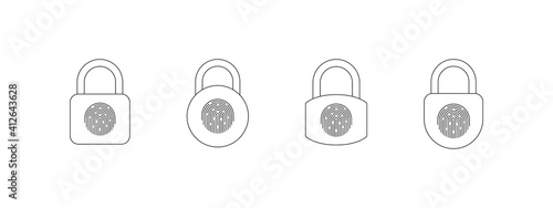 Fingerprint padlock icons set. Fingerprint lock or unlock. Locked and unlocked modes. Linear icons. Vector illustration