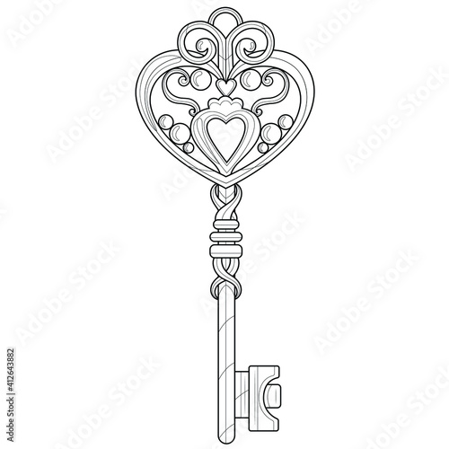 Key.Coloring book antistress for children and adults. Zen-tangle style.Black and white drawing.Hand draw