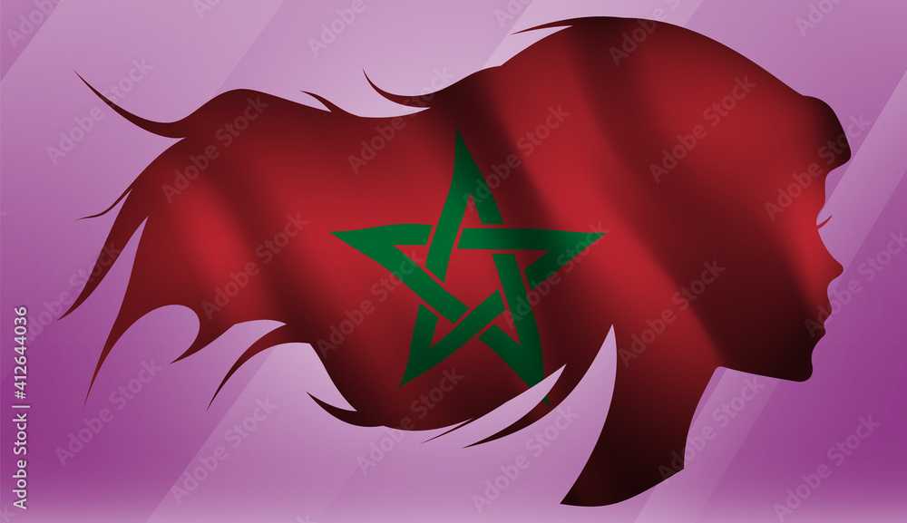 Fototapeta premium Vector beautiful woman portrait silhouette with long flowing hair in national flag of Morocco on pink background