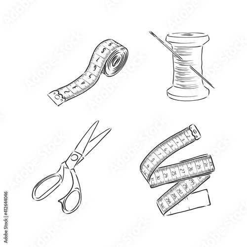 sewing kit doodle, sewing tools vector sketch illustration