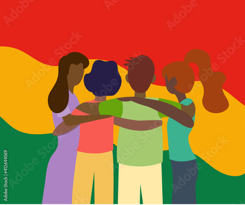 Group of black people are standing together and hugging. We are all equal. Together African people Celebrate Black history month.