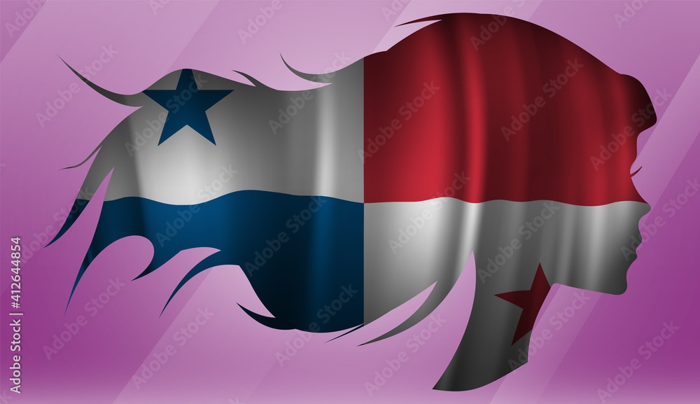 Vector beautiful woman portrait silhouette with long flowing hair in national flag of Panama on pink background